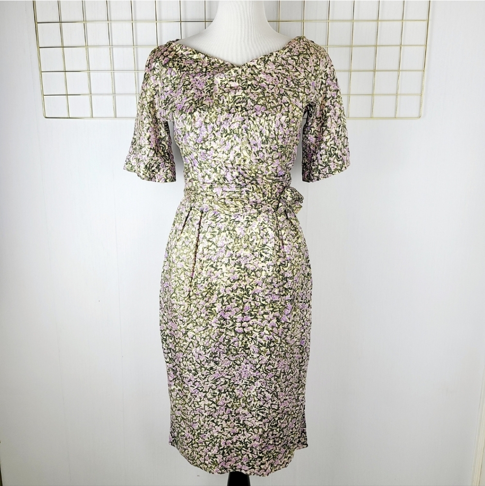 Leslie Fay Original Satin Green Purple Floral 50s 60s Vintage Dress